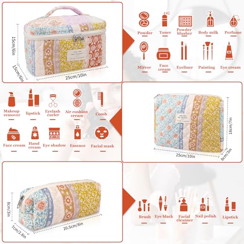 Gosect Bee Floral Quilted Makeup Bag Set, Large Travel Cosmetic Organizer