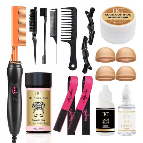 17 Pcs Hair Styling Set with Hot Comb Wigs Clips & Glue for Black Hair
