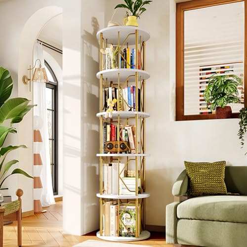 Gold & White 5-Tier Rotating Bookshelf Tower - 62.5 Inches High
