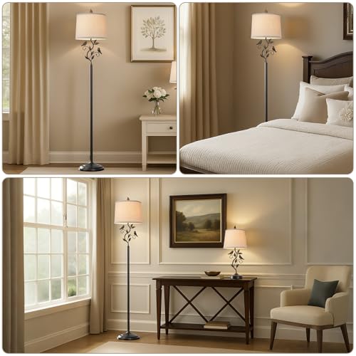 63-Inch Rustic Bird Leaf Floor Lamp - Bronze Finish for Living Room