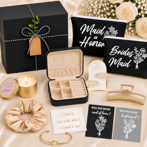 Black Bridesmaid Proposal Gift Set with Candle Jewelry Box & Hair Clips - 27 Pieces