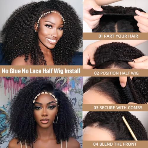 12 Inch Afro Kinky Curly Human Hair Half Wig - Natural Black, Seamless & Glueless, Beginner Friendly