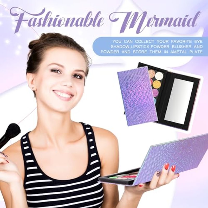 2 Pieces Magnetic Mermaid Empty Palette with Mirror and 36 Pcs Adhesive Metal Stickers Large Mermaid Makeup Empty Palette for Eyeshadow Lipstick Blush Powder