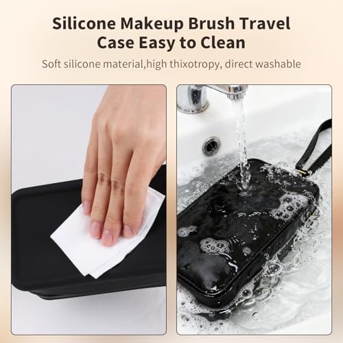Silicone Makeup Bag, Portable Makeup Brush Holder, Travel Cosmetic Bag Versatile Zipper Pouch For Women (Black)