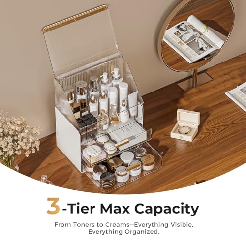 Makeup Organizer Countertop with Drawers & Lid, Skincare Organizer for Vanity, Large Cosmetic Organizer & Display Cases and Storage for Bathroom & Desktop. Perfect for Girl Women Mom Gifts