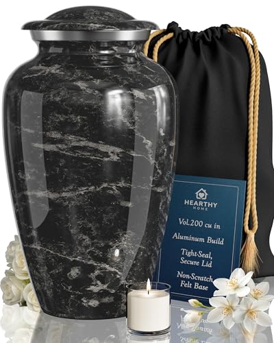 Hearthy Home Large Black Marble Cremation Urn for Human Ashes - Elegant Memorial, 10.5H x 6.25W