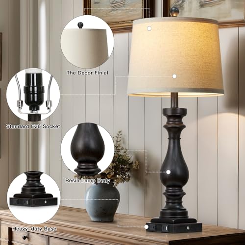 Black Vintage 29-Inch Tall Table Lamps Set of 2 with USB C & AC Outlets - Farmhouse Touch Nightstand Lamps