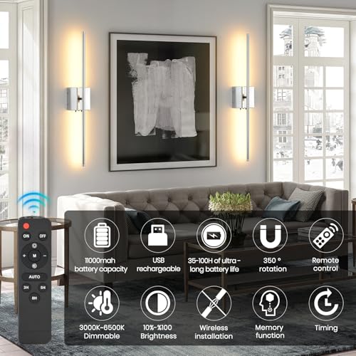 Chrome Wireless LED Battery Wall Sconces 2 Pack - Dimmable, 350° Rotatable, Remote Control, 11000mAh Rechargeable for Bedroom Living Room Hallway Variation of Chrome / 2 Pack