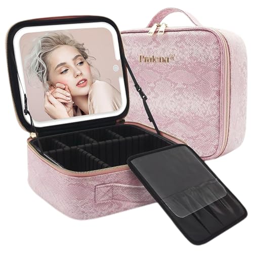 Travel Makeup Bag with LED Mirror ? 3 Brightness Modes, Portable Lighted Makeup Case with Adjustable Dividers, Cosmetic Organizer Gift for Women (Pink)