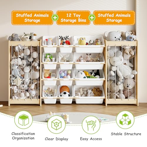 Large Wooden Toy Storage Organizer with 12 Bins & Plush Toy Holder - White, 64.4"L