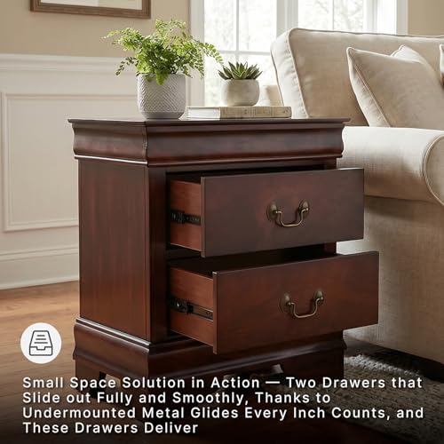 Nightstand with 2 Drawers - Traditional Louis Philippe Style, Reddish Brown Finish