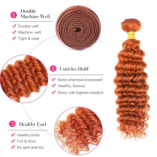 Cklikeb #350 Orange Deep Wave Human Hair Bundles 12 14 16 Inch – 3 Pack, 300g