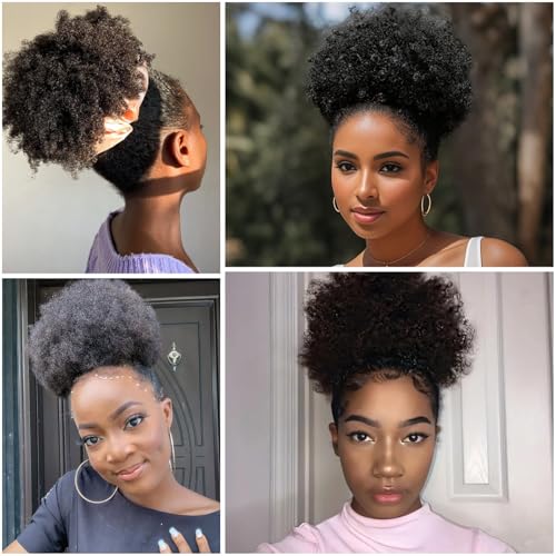 8 Inch Afro Puff Ponytail Extensions Human Hair Natural Black Clip-On Curly Bun