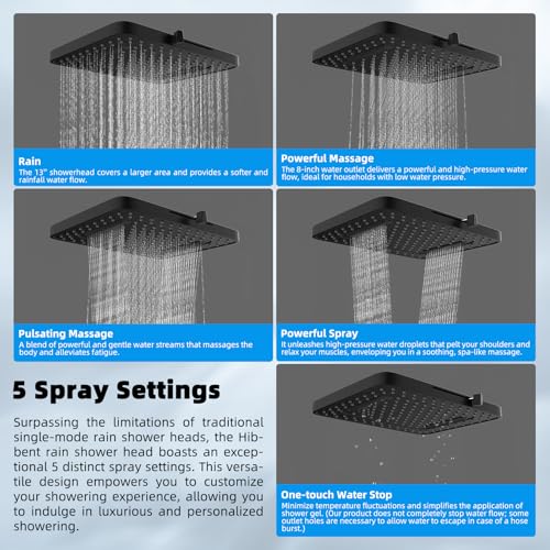 Hibbent Square 13'' Matte Black Rain Shower Head with 5 Spray Settings & Handheld