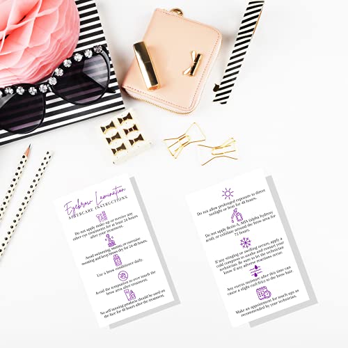 Brow Lamination Aftercare Card | 50 Pack | 2x3.5¡± inches Business Card Size | Starter Lift Kit At Home DIY Brow Lift and Tint | Snatched Brows White with Purple Design