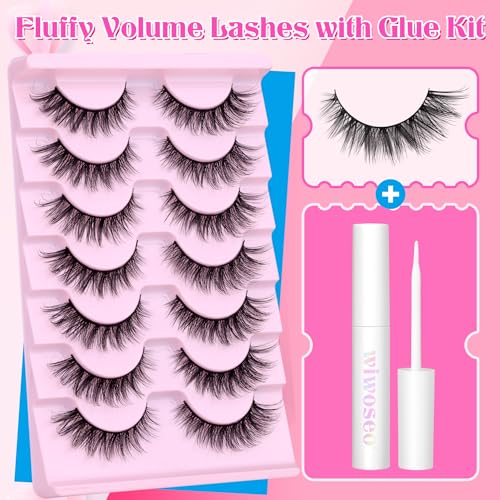 Wispy Lashes Natural Look False Eyelashes with Lash Glue Cat Eye Lashes Kit Lashes Extension with Eyelash Glue Short Lashes Pack, 7 Pairs with Clear Lash Glue by wiwoseo