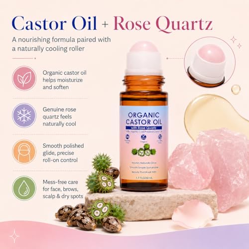 Organic Castor Oil Rose Quartz Roller Ball – 1.7 Fl Oz, Cold Pressed, Hexane-Free, Facial & Skin Care, Anti-Aging, Under Eye Puffiness, Variation 2