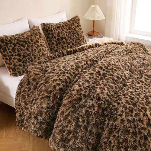 Bolder Queen Size Cheetah Faux Fur Comforter Set 3 Pieces - Brown