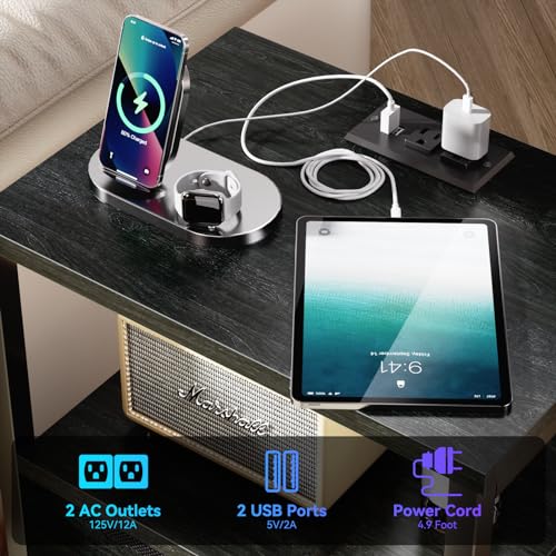 Furologee Black Oak Nightstand Set of 2 with LED Lights & Charging Stations