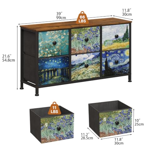 EXOTICA 6-Drawer Dresser with Van Gogh Pattern, 39x11.8x21.7 Inches, Fabric Storage, Wooden Top, Bedroom & Living Room Furniture