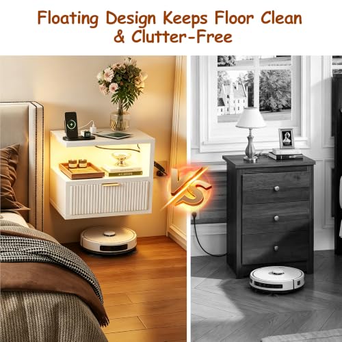 Homeiju Floating Nightstand with Charging Station & RGB LED Lights, Wall-Mounted Bedside Table with Drawer