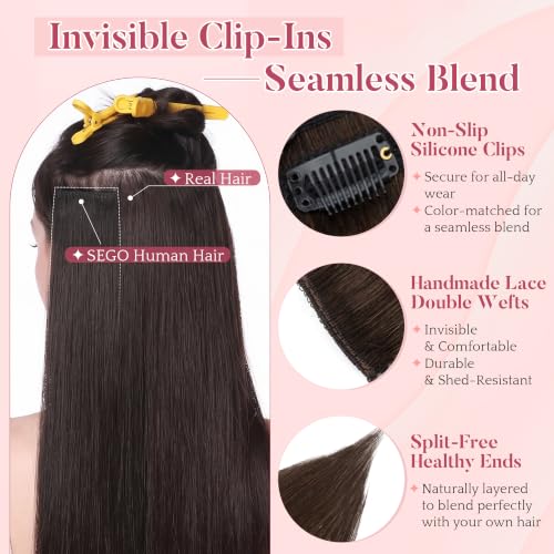 Clip In Short Hair Extensions - Real Human Hair 14 Inch Dark Brown 2R - Easy Volume & Highlights