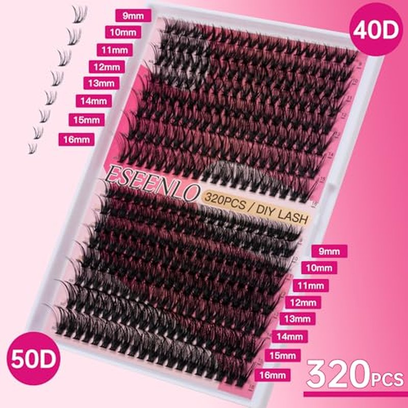 320pcs Lash Clusters 9-16mm 40D 50D Eyelash Extension Kit, Individual Lashes Kit with Bond and Seal, Lash Tweezers