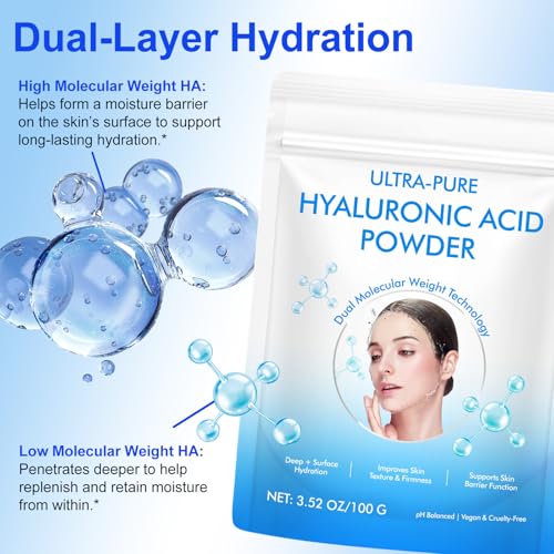 Hyaluronic Acid Powder - 2Pack, High Molecular Weight Hyaluronic Acid Serum PowdeCosmetics Grade | Skin Hydration and Moisture Support Supplements, 7.04 Oz