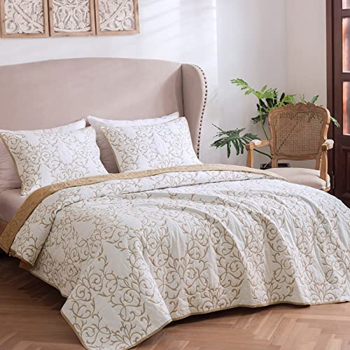 Queen Size Reversible Cotton Blend Quilt Set with Embroidery & Pillow Shams - Beige, Full/Queen