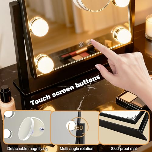 Vanity Mirror with Lights, Lighted Vanity Mirror with 9 Dimmable Bulbs for Dressing Room & Bedroom, 3 Color Lighting Modes, Detachable 10x Magnification 360¡ÆRatation (Black)