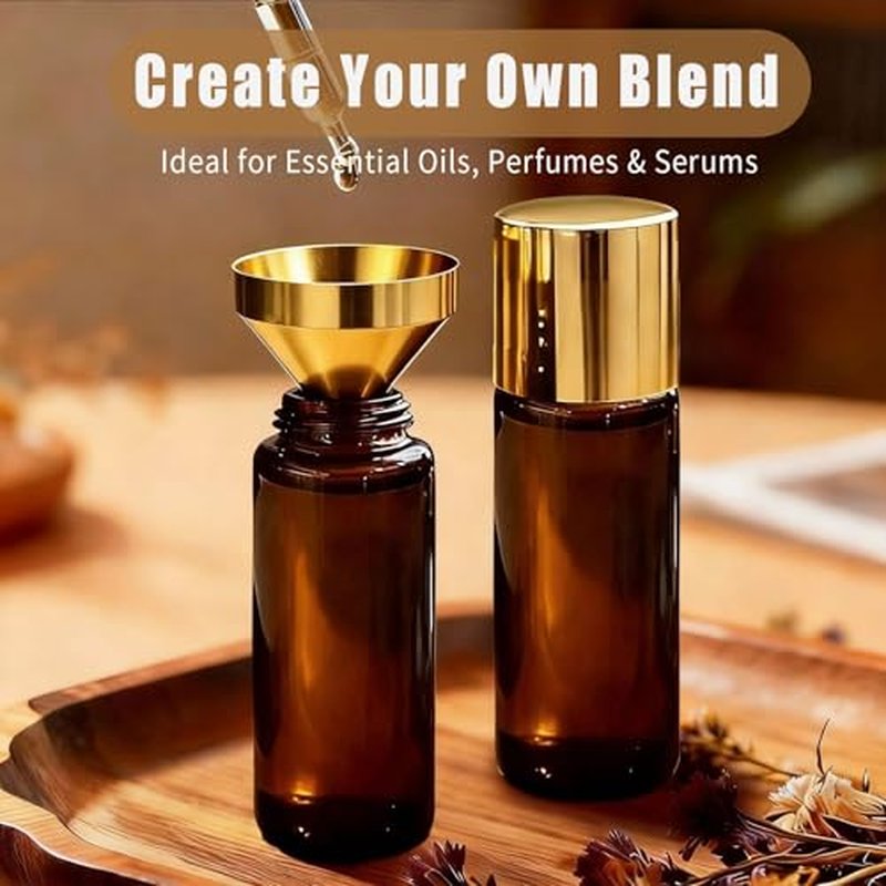 5 in 1 Roller Bottles for Essential Oils, 50ml Refillable Amber Glass Roll On Bottles with Natural Crystal Roller Balls, Leak-Proof Travel Perfume Bottle with Gold Caps