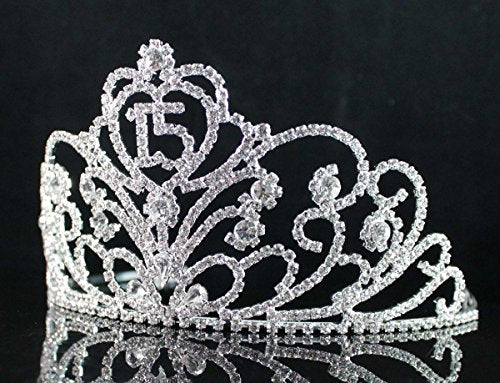 Quinceanera Tiara Crown with Rhinestones and Hair Combs - Silver Plated, Clear Austrian Crystals