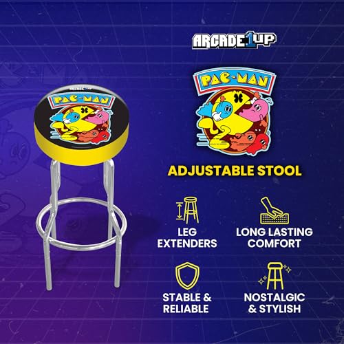 Modern Pac-Man Arcade Game Stool - Adjustable Padded Seat, Steel Frame, Chrome Finish, Leg Extenders, Home Use