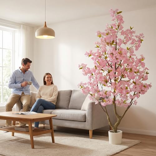 6ft Artificial Cherry Blossom Tree with White Planter - Sakura Flower Decor - Variation of Chery Blossom Tree