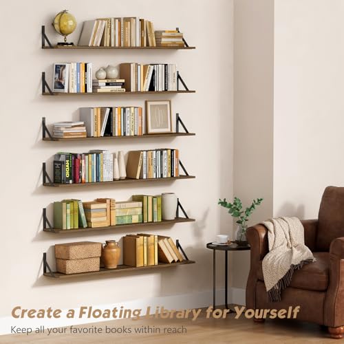 Forbena 48 Inch Wall Floating Shelf, 8" Deep Rustic Brown Wood with Black Metal Brackets