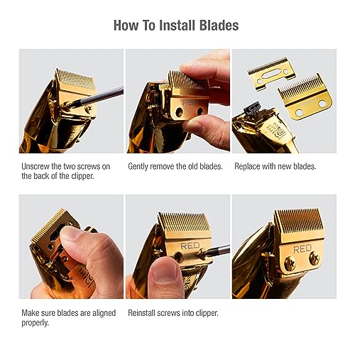 Red by Kiss Professional Blades for Cordless Clipper, Precision 2 Holes Stagger Tooth Replacement Blades with Gold Carbon Steel (Clipper Blade)