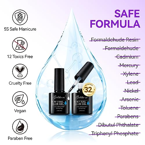 Gelike EC UV Nail Glue Gel: 32ML 6 in 1 Strong Glue Nail for Extension Home DIY Clear UV Cure Adhesive for Acrylic Nails & Press On Nails Tips 12 Toxic-Free (Pack of 2)
