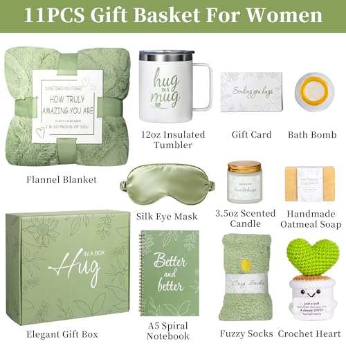 Green Get Well Soon Gift Basket for Women with Flannel Blanket - Self Care Package