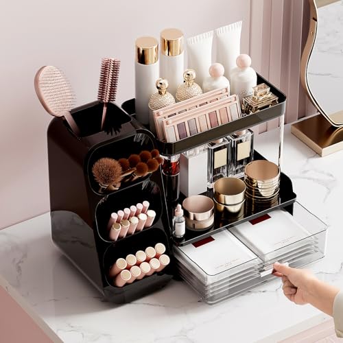 Makeup Organizer for Vanity with Brush Holder, 2 Tiers Countertop Skincare and Cologne Organizer for Bathroom Vanity, Large Capacity Makeup Storage, Black