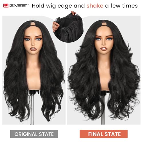 WIGNEE 26 Inch Black Curly V Part Wig with Flip Curls, Natural Yaki Texture