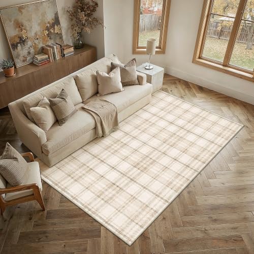 Beige 6' x 9' Checkered Living Room Area Rug - Non-Slip, Pet-Friendly