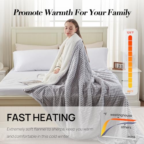 Westinghouse Twin Electric Blanket Light Grey 62x84 Inch Flannel Sherpa Safe Heated