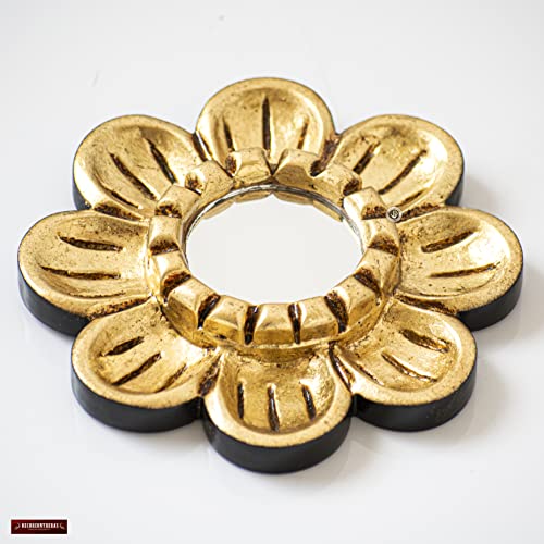 Peruvian Gilded Bronze Leaf Round Mirror 6¡±- Luxury Hand-Carved Wood Flower Wall Art - Small Space Art