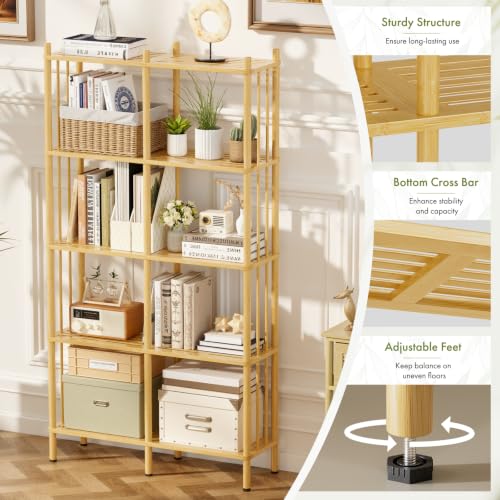 Natural 5-Tier Bamboo Book Shelf - Tall Wide Bookshelf with 10 Adjustable Shelves
