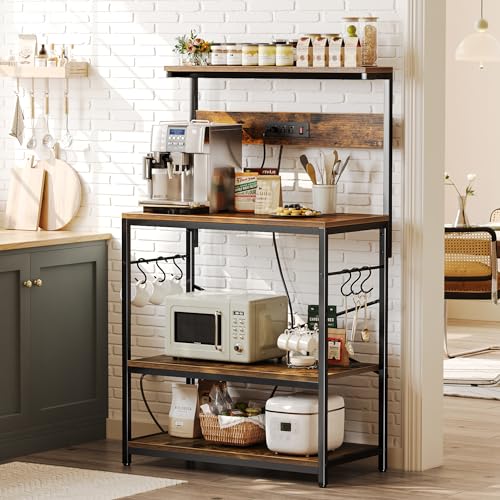 SUPERJARE 31.5 Inch Bakers Rack with Outlets & Microwave Stand, Rustic Brown with Adjustable Middle Shelf