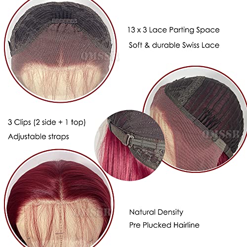 QMSSR Burgundy Red Lace Front Wig Long Straight Synthetic 13x3 Heat-Resistant Fiber for Women