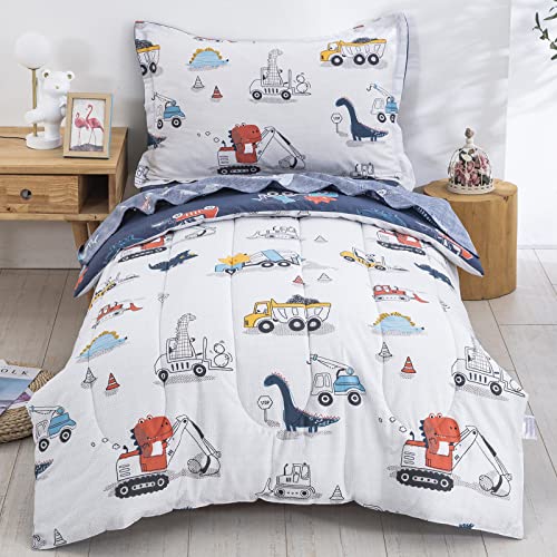 Dinosaur Car Twin Bedding Set - Reversible Comforter & Sheets for Boys, 4 Pieces