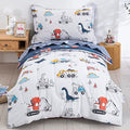 Dinosaur Car Twin Bedding Set - Reversible Comforter & Sheets for Boys, 4 Pieces
