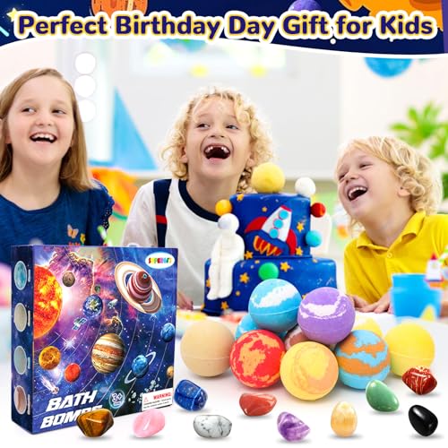 Space Themed Kids Bath Bombs Set with Surprise Gemstones - Organic, Safe & Educational 10 Pack