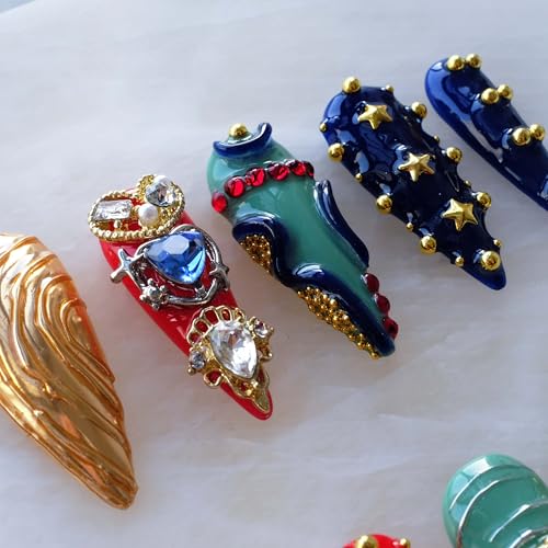 Luxury Handmade Press On Nails, Vintage Bohemian Style, Long Stiletto Shape, Crystal Heart Gems, Gold Stars Design, 10 Pieces (Small, LS)